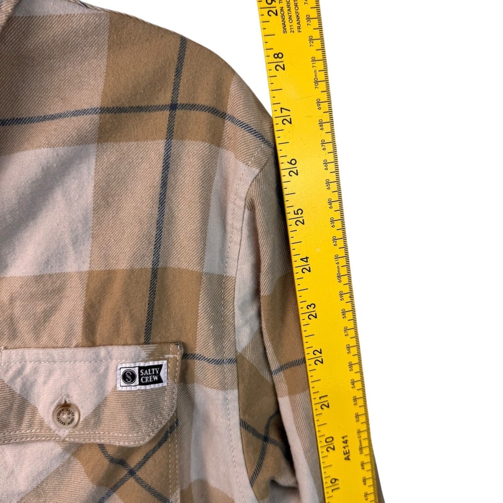 Salty Crew Mens Button Up Shirt L Large Flannel Plaid Beige Long Sleeve - Picture 12 of 13